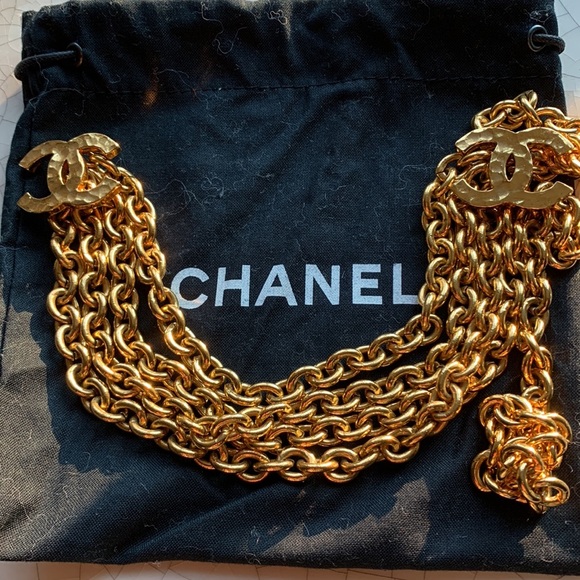 CHANEL 💛 Vintage RARE Gold Tone Chunky CC Logo 5 Chain Link Belt Necklace  🖤 - Picture 9 of 12